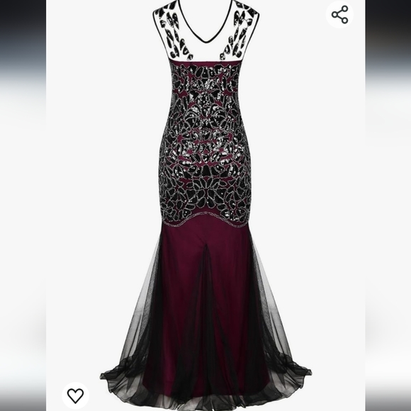 1920s Flapper Style Beaded Maxi Dress Black & Burgandy Prom Gatsby Dress size 4 - Picture 3 of 17